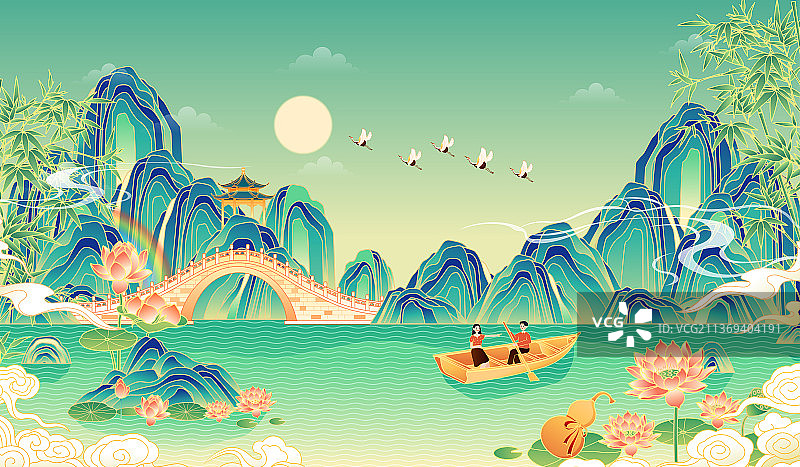 中国风青绿山水风景插画图片素材