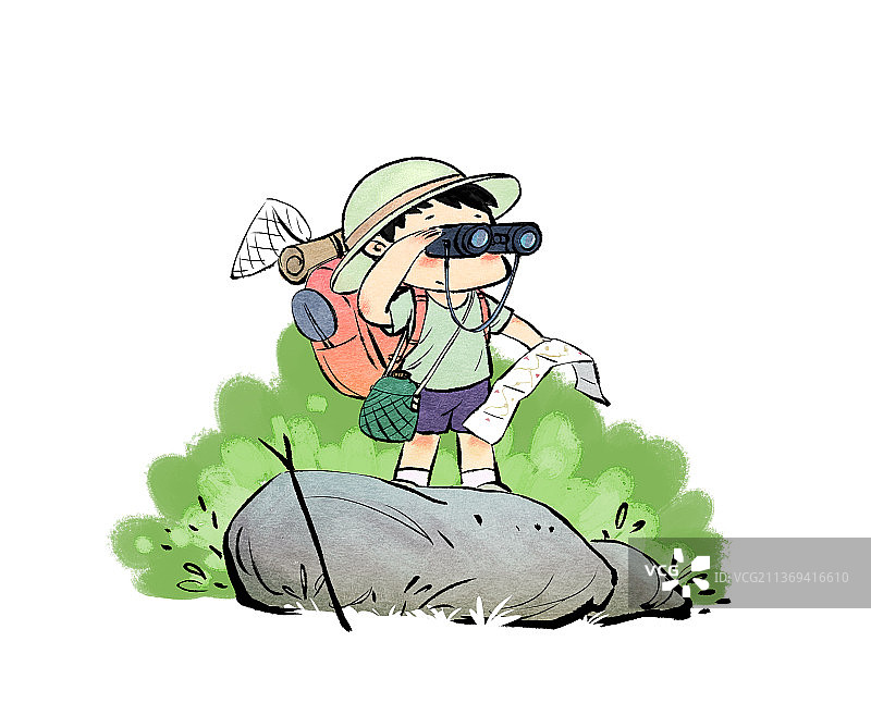 背着背包站在石头上探险的小孩图片素材