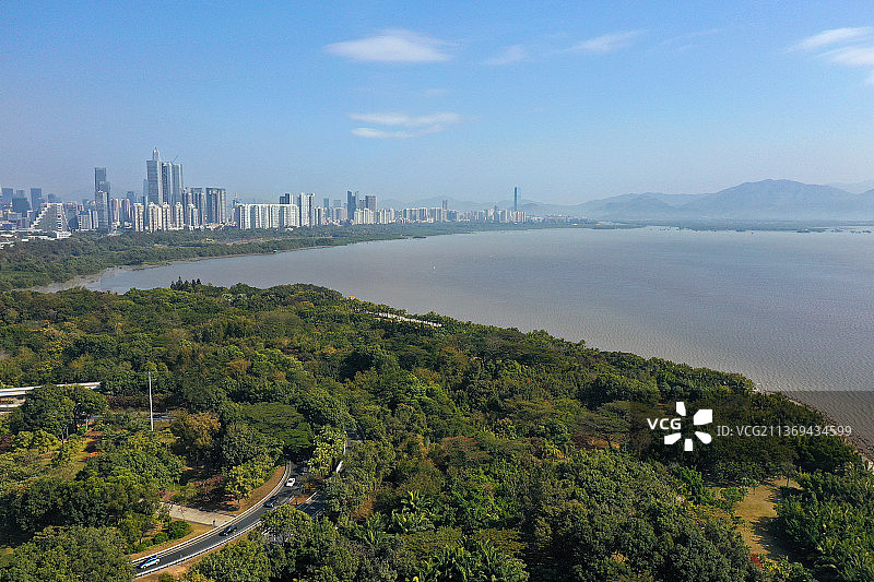 广东省深圳市南山区深圳湾公园欢乐海岸香港大学深圳医院航拍图片素材