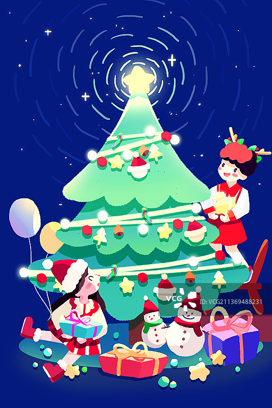 两个小孩在装饰圣诞树图片素材