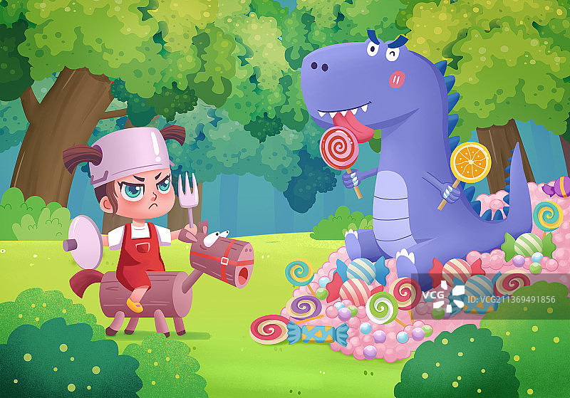 儿童插画小女孩与霸王龙图片素材