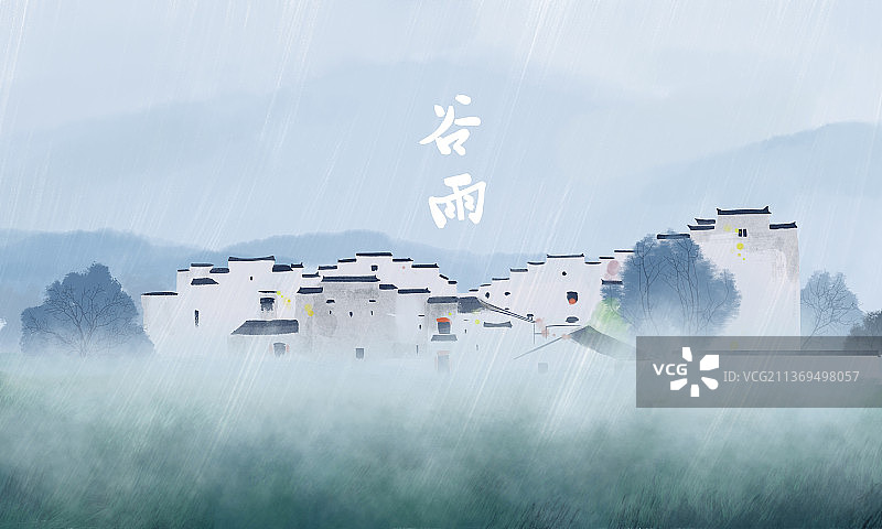 下着雨的村庄图片素材
