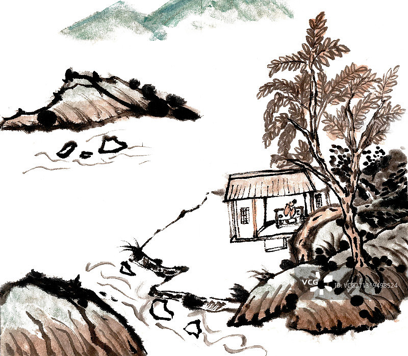 湖岸闲居图图片素材