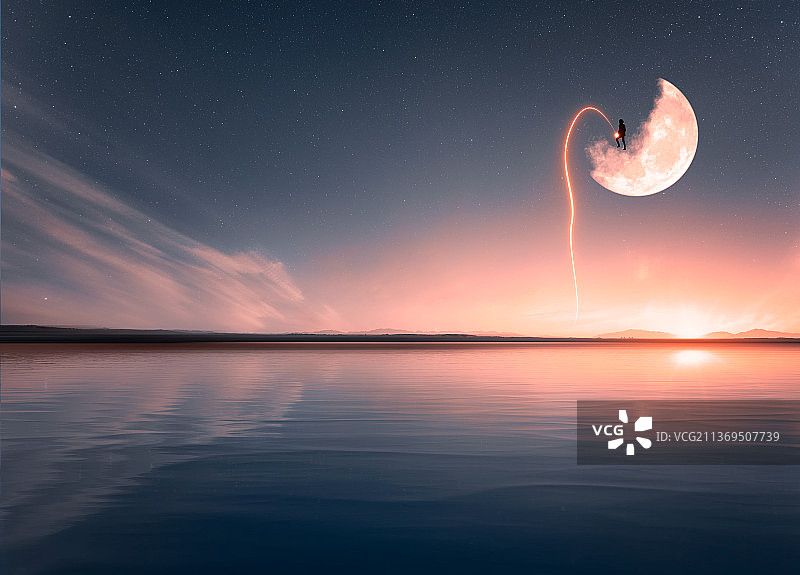 星空下站在月亮上的人图片素材