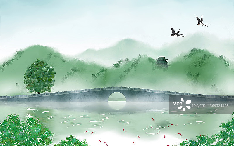 绿色春天中式山水画图片素材