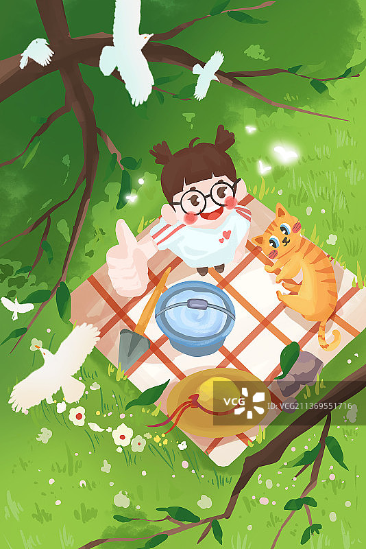 植树节户外春天野餐猫浇水树木图片素材
