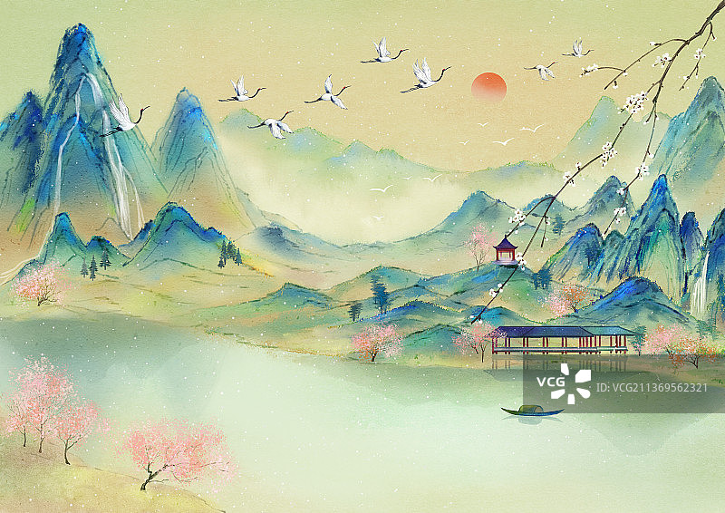 国风水墨青绿山水插画图片素材