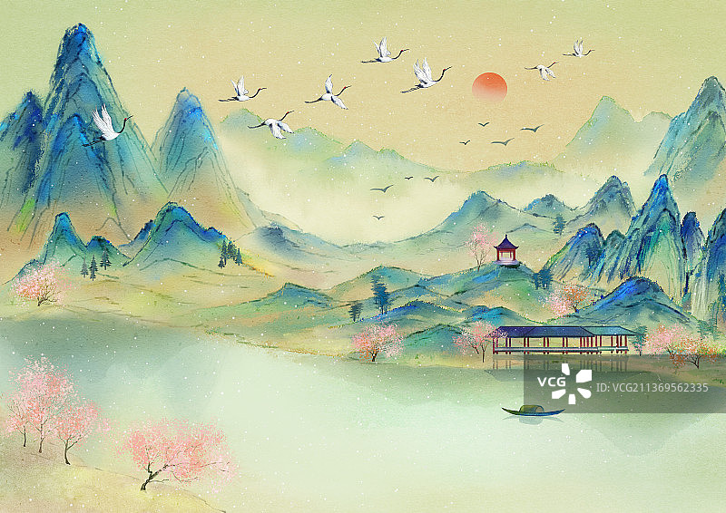 国风水墨青绿山水插画图片素材