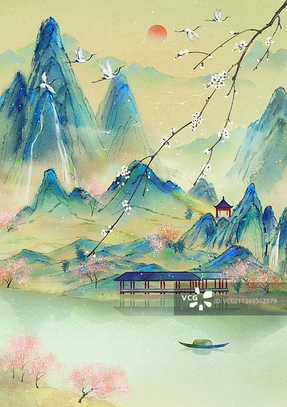 国风水墨青绿山水插画图片素材