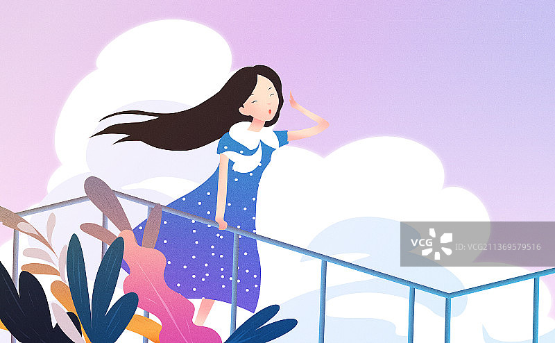 夏天抓着栏杆呐喊的快乐长发女孩图片素材