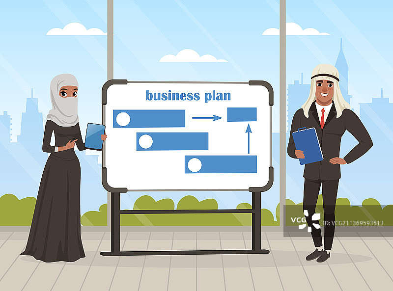 戴着库菲耶帽的阿拉伯商人，在白板附近图片素材