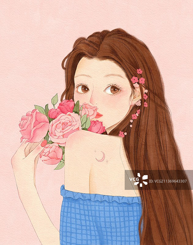 手绘粉色露肩少女时尚人物插画图片素材