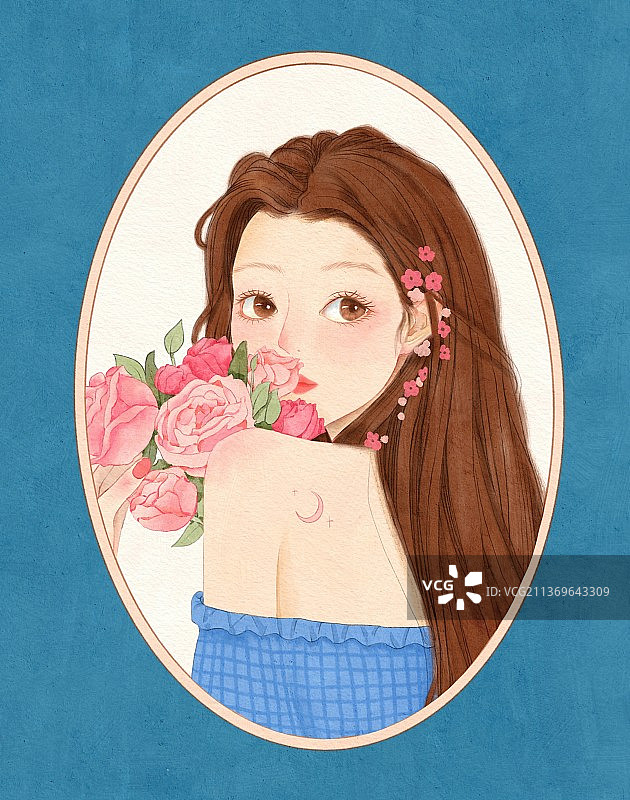 手绘粉蓝对镜少女时尚人物插画图片素材