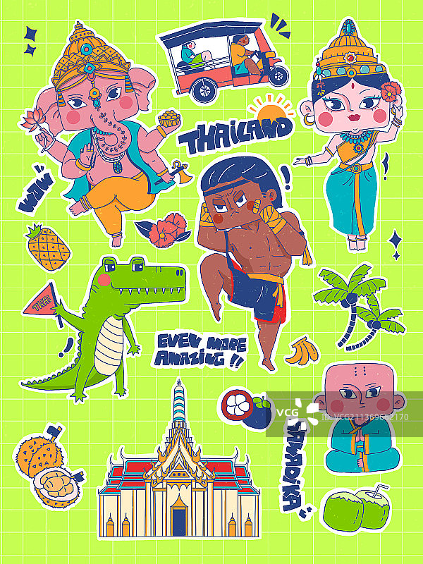 泰国旅游贴纸手绘插画图片素材