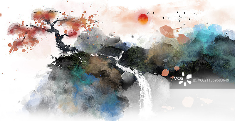 写意泼墨烟雨重彩抽象山水画图片素材