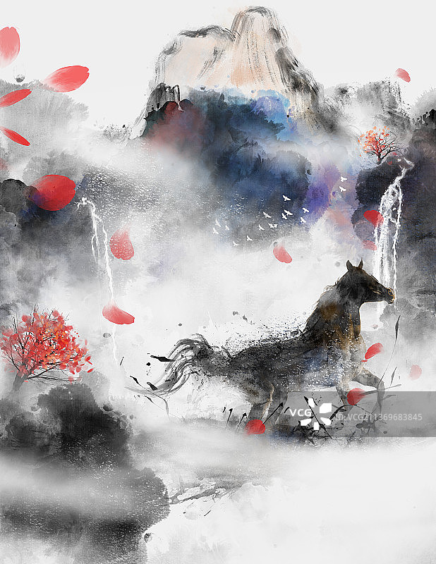 写意水墨马泼墨抽象山水画图片素材