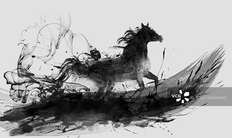 水墨奔腾跑马手绘中国风骏马图片素材