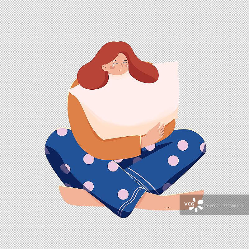 女孩抱着枕头哭泣矢量人物插画元素图片素材