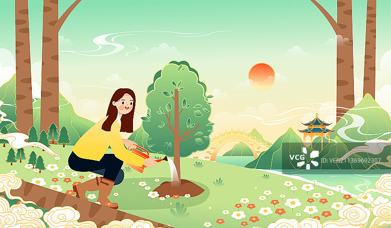 植树节保护环境浇水种树的青年图片素材