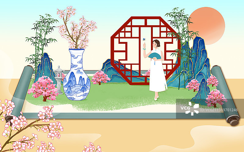 中国风园林青花瓷圆花窗画卷图图片素材