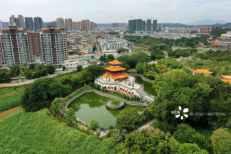 广东省深圳市龙岗区龙园公园龙兴寺航拍图片素材