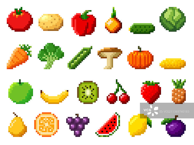 复古像素艺术水果蔬菜8位游戏图标图片素材