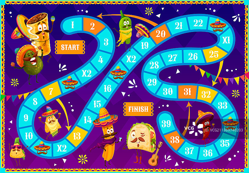 卡通墨西哥食物角色的棋盘游戏图片素材