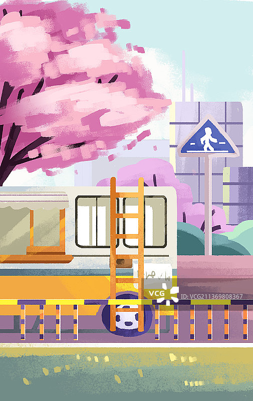樱花车站插画图片素材