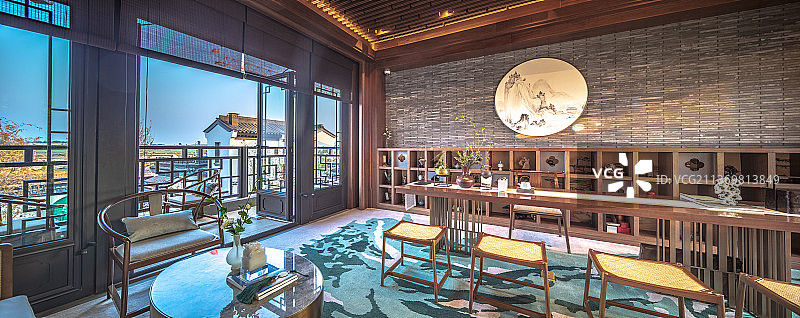 中式别墅内会客厅茶室图片素材