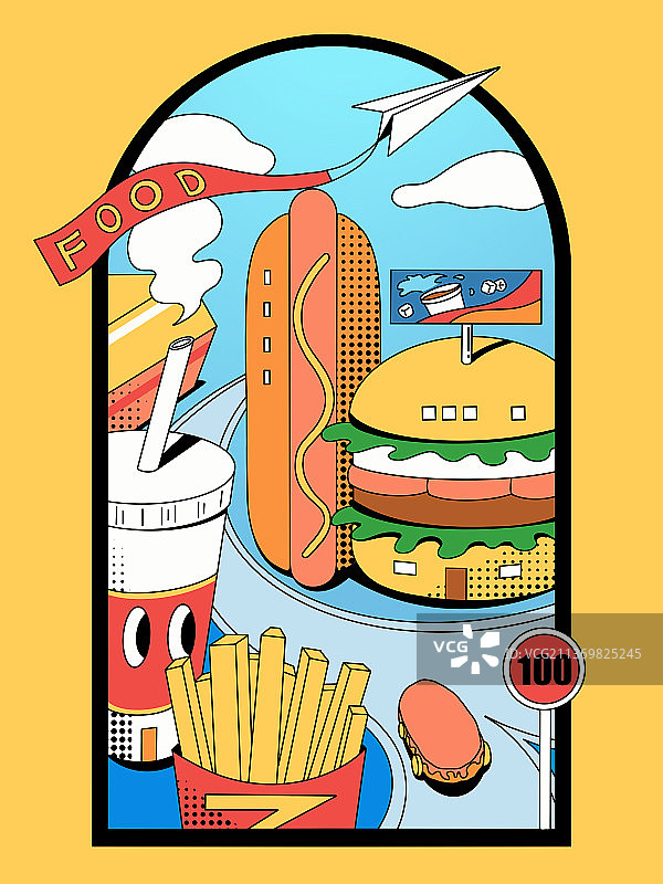 线性插画美食城市图片素材