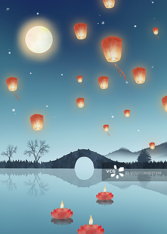 中秋夜晚孔明灯桥插画图片素材