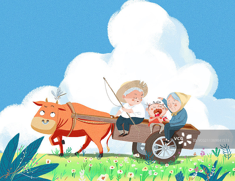小朋友和老爷爷老奶奶坐牛车图片素材