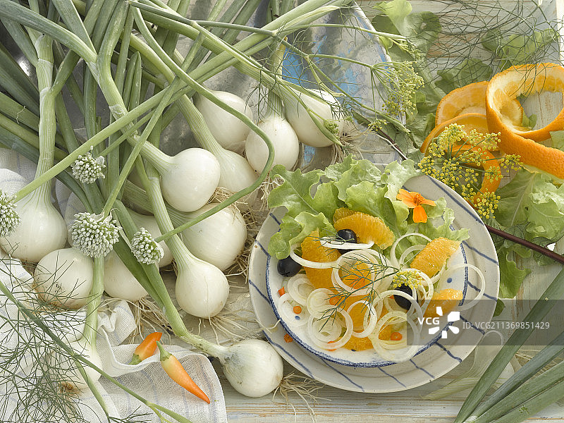 用白洋葱、橙子、橄榄和辣椒制成的沙拉图片素材