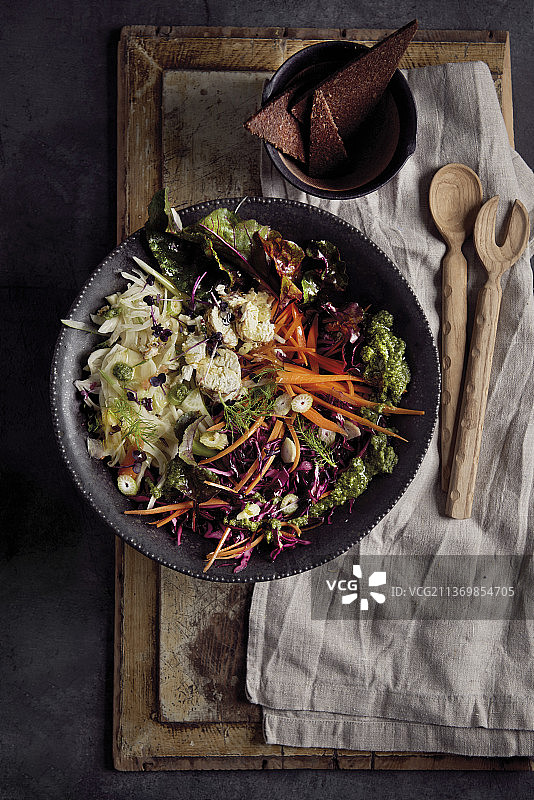 红卷心菜茴香沙拉配胡萝卜甜菜叶菲达奶酪和罗勒腰果酱图片素材