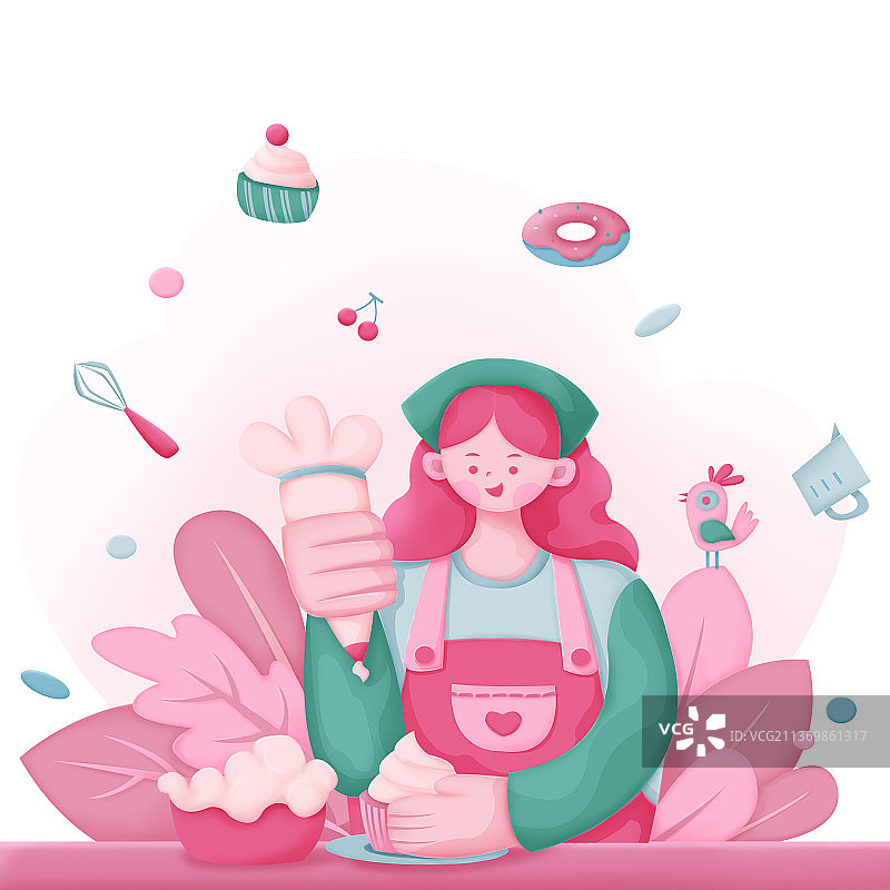 做烘焙蛋糕的女孩扁平风插画图片素材