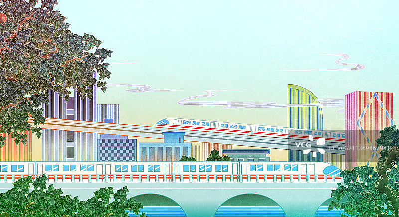 中国国潮新中式插画高楼城市高铁桥横版图片素材