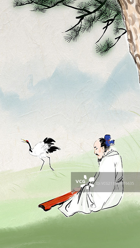 手绘清新水彩插画孔子演奏古琴图片素材