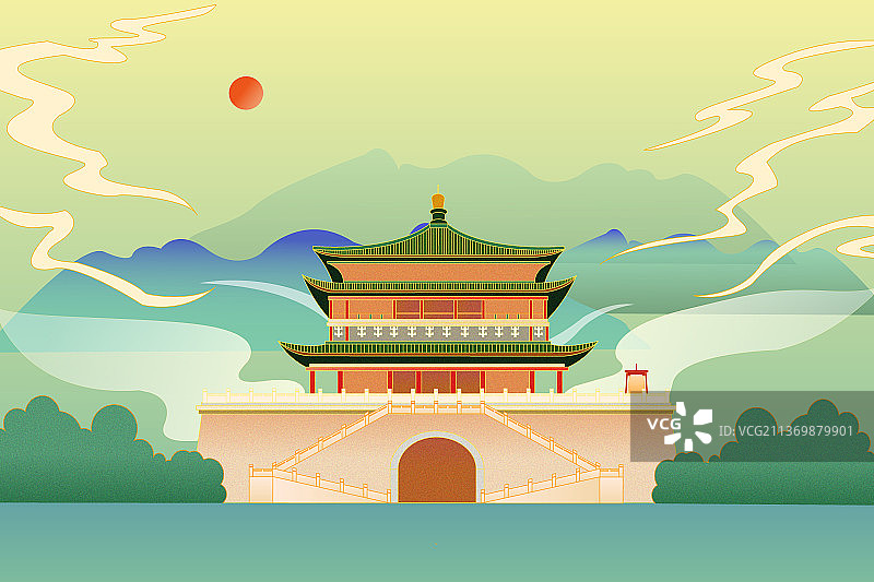 画友帮西安古城楼钟楼写实建筑青山云雾插画图片素材