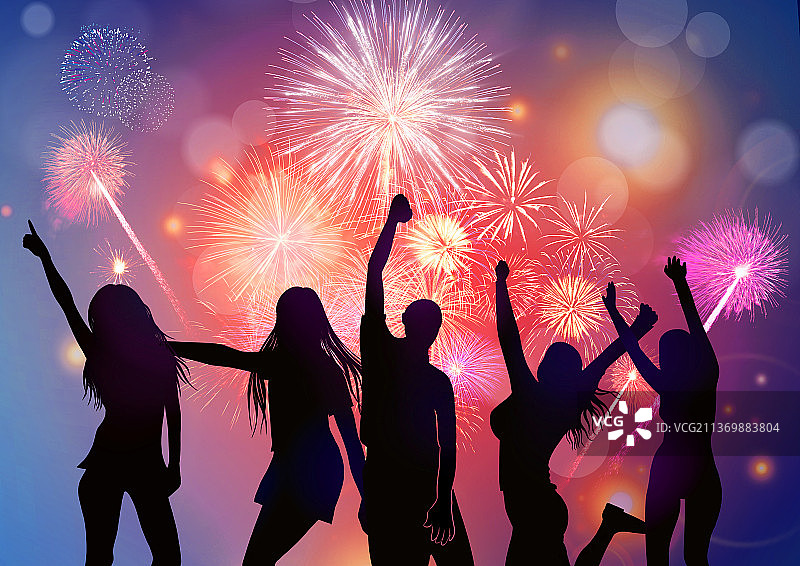 画友帮人群狂欢剪影热闹烟花插画图片素材