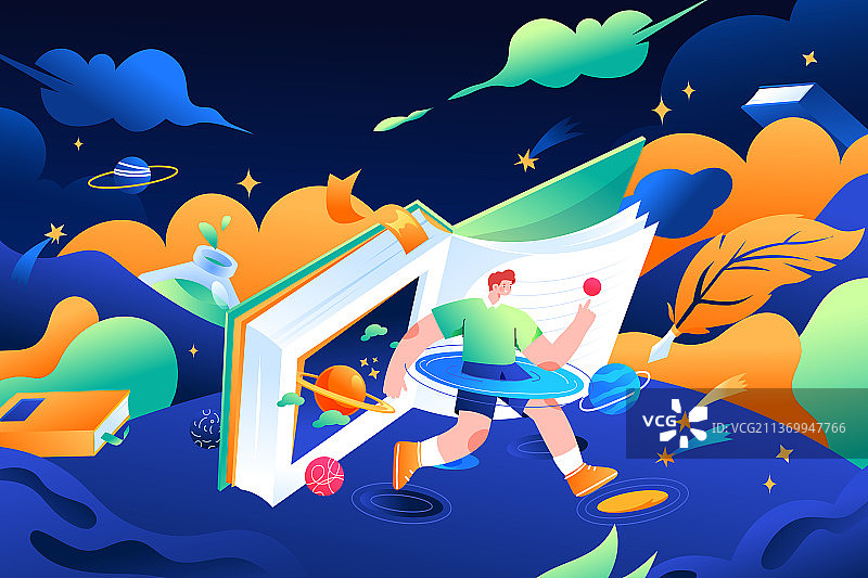 卡通青年学生科学知识宇宙星球网课兴趣爱好潮流新学期开学季教育文化传媒娱乐科技概念电商渐变矢量插画图片素材