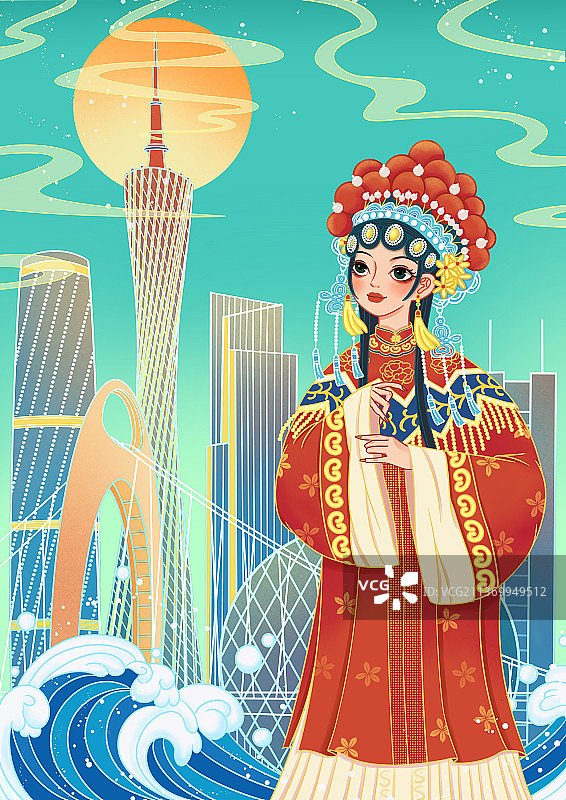 国潮戏曲花旦人物和广州建筑图片素材