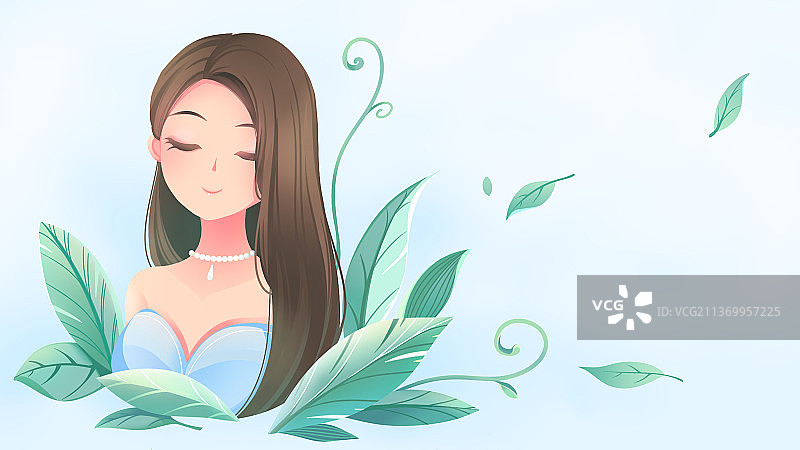 唯美清新春季节日女性插画，绿叶环绕着一位有着乌黑浓密秀发的女人，卡通半身像图片素材