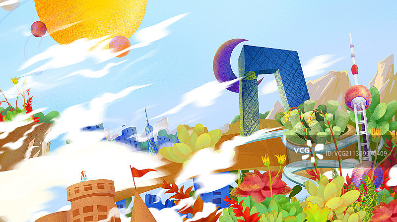 春天科幻都市北京上海地标建筑图片素材