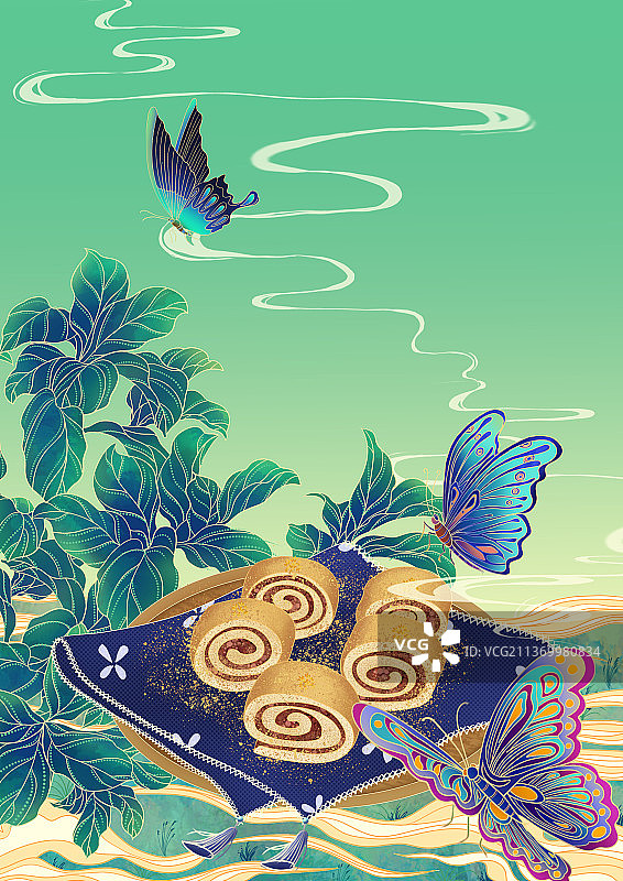 二十四节气传统美食国潮背景插画惊蛰图片素材