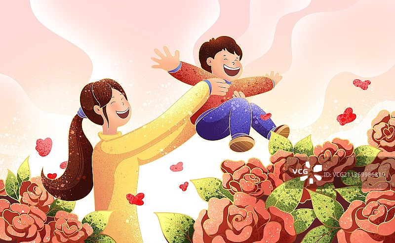 玫瑰花园里的母子开心玩耍插画图片素材