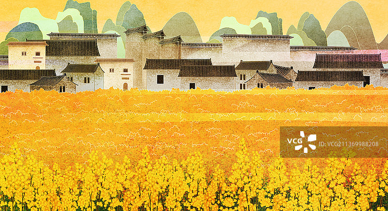 中国国潮新中式复古描边画风乡村春天秋天横版油菜花银杏叶背景展板图片素材