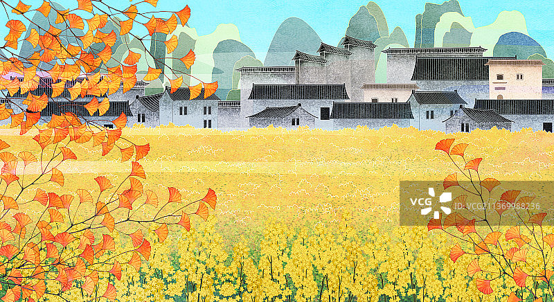 中国国潮新中式复古描边画风乡村春天秋天横版油菜花银杏叶背景展板图片素材