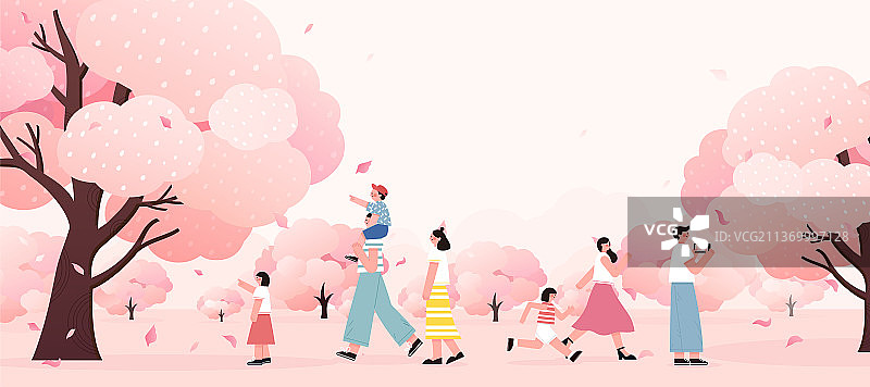 一家人赏樱花图片素材