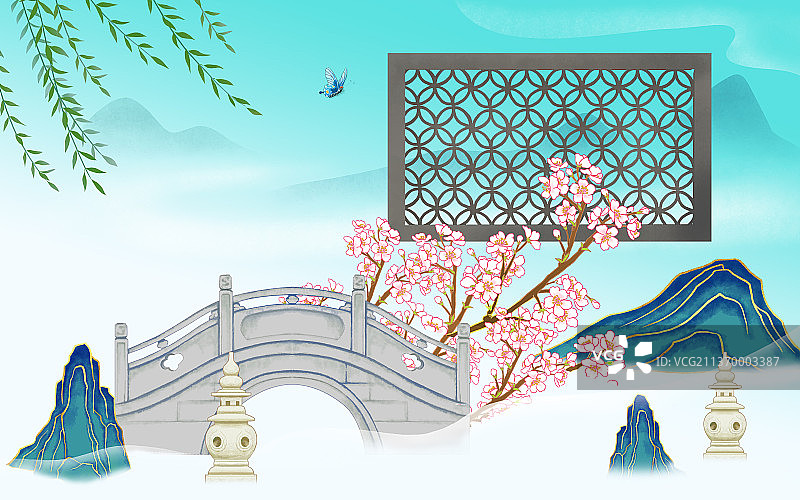 国风春花杨柳拱桥节气图图片素材