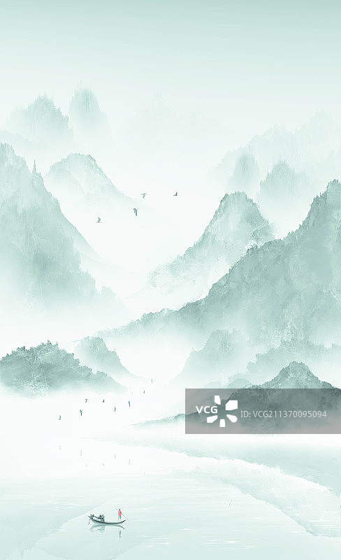 竖版蓝色山水画图片素材